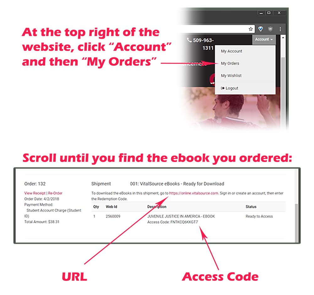 Visual representation of the text described elsewhere on the page, including screenshot of website and order information.