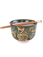 Goldfish Dark Green Rice Bowl with Chopsticks