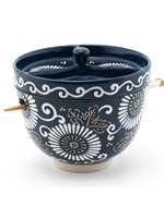 White Wheel Flowers Blue Rice Bowl with Lid & Chopsticks