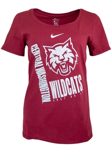 Ladies Nike Crimson Scoop Neck Tee w/ White FF Cat Head and "Wildcats"