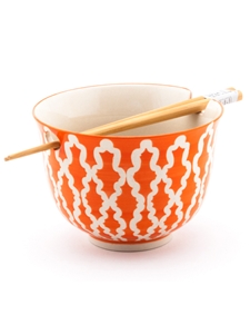 Red White Patterned Rice Bowl with Chopsticks