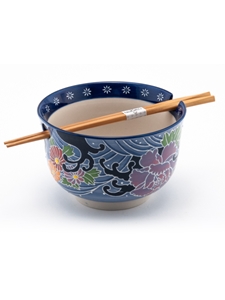 Blue Swirl Floral Rice Bowl with Chopsticks