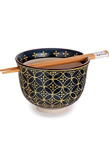 Black and Gold Rice Bowl with Chopsticks