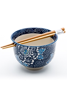 Blue Quilt Flowers Bowl with Chopsticks