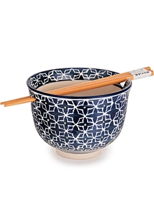 Blue Quilt Stars Bowl with Chopsticks