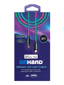 OnHand Vibrant LED Charge & Sync Cable - 3ft USB-C to Lightning
