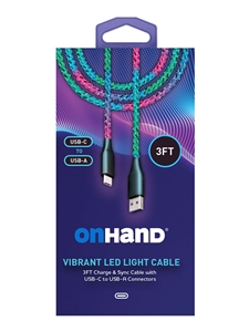 OnHand Vibrant LED Light Charge & Sync Cable - 3ft USB-A to USB-C
