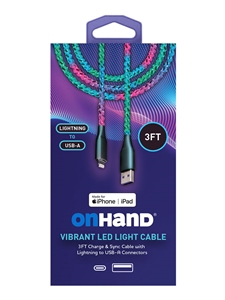 OnHand Vibrant LED Light Charge & Sync Cable - 3ft USB-A to Lightning